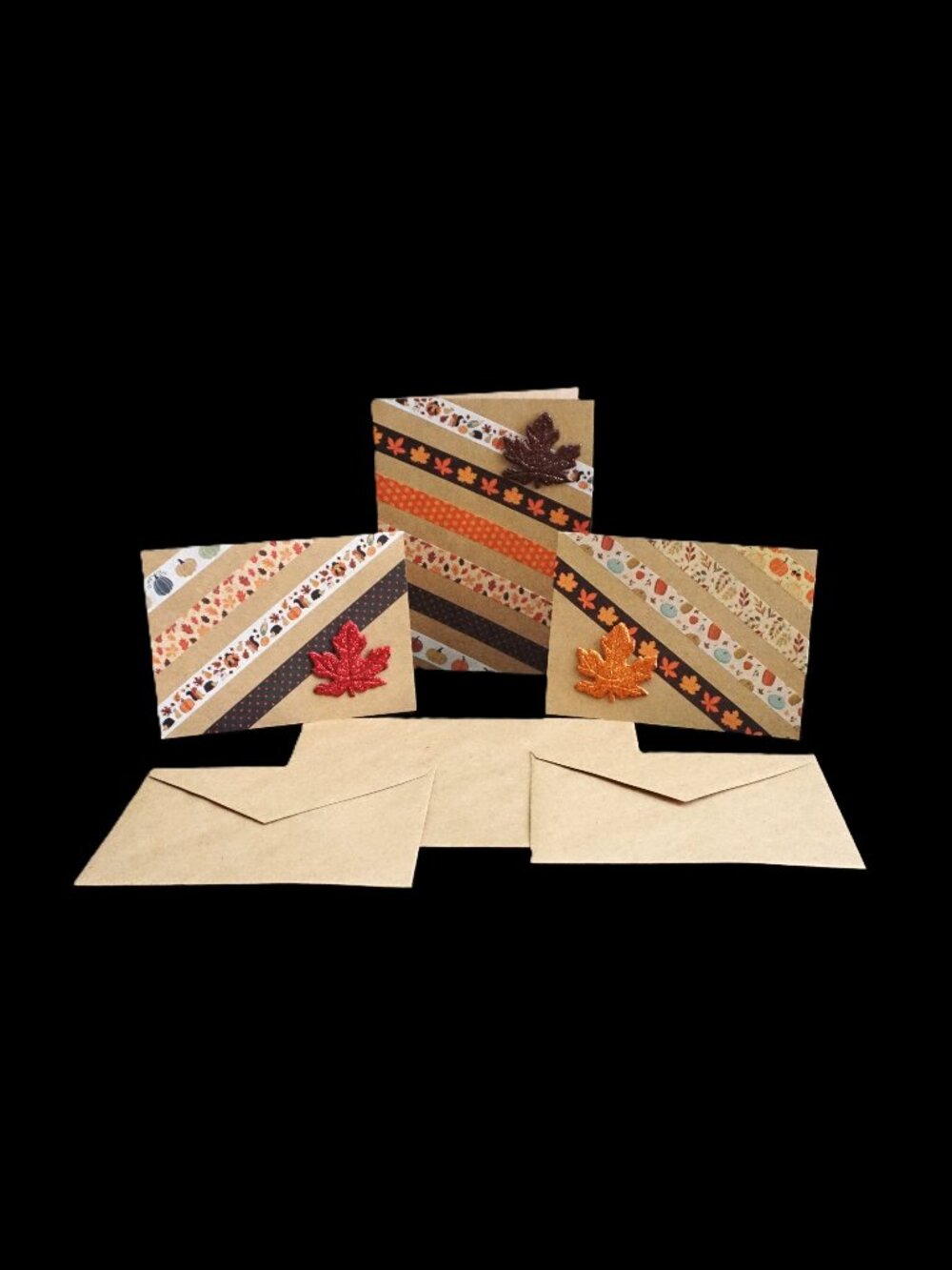 3 Thanksgiving Handmade Note Cards 5 x 6.5 Glitter Leaf Embellishment with Tape